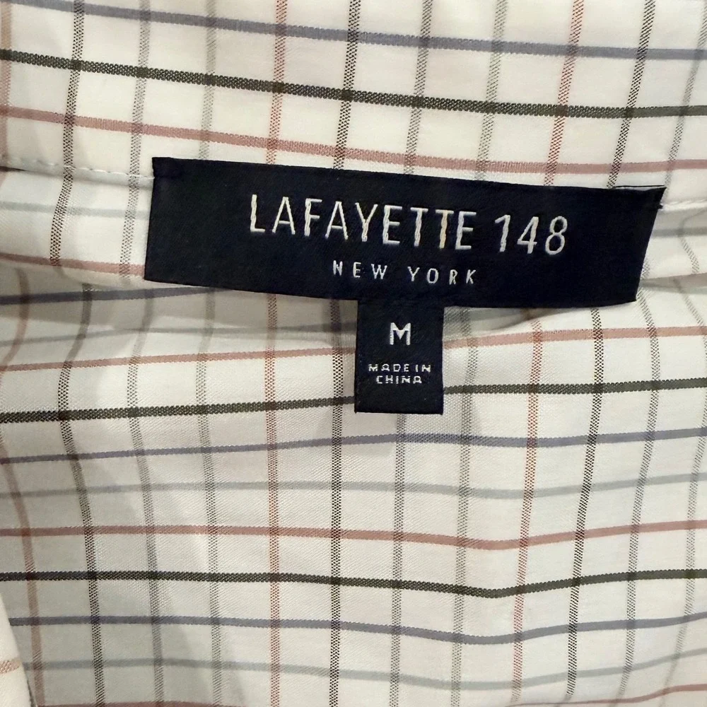 Lafayette 148 New York Womens M Grid Check Hidden Button Down Shirt White Multi - Picture 2 of 9